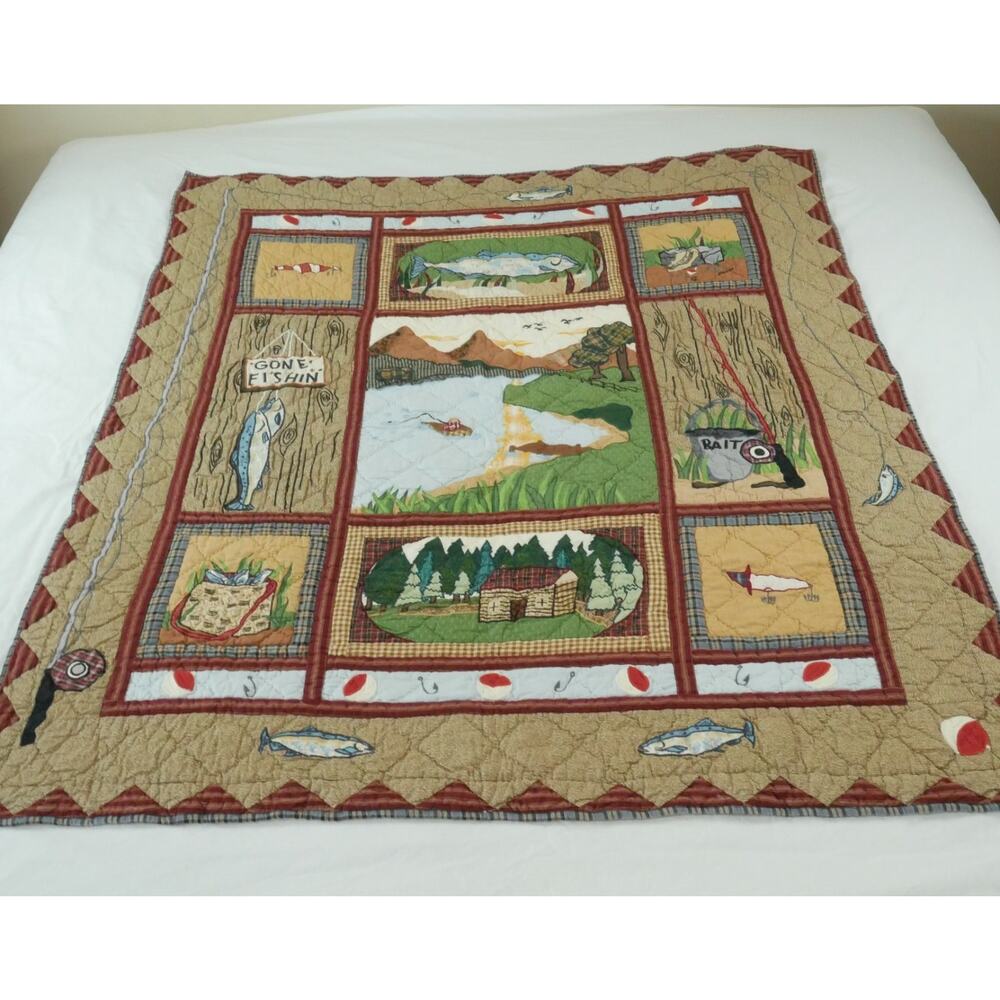 Vintage Applique‎ Fishing Quilt Man Cave Cabin Outdoor Novelty Patch Magic 58x49